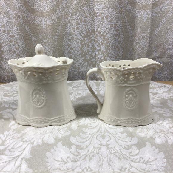 Skye McGhie Cream Lace Fine Porcelain Covered Sugar and Creamer Set - Picture 3 of 10